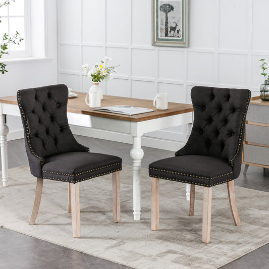 Collection Modern, High-end Tufted Solid Wood Contemporary Flax Upholstered Linen Dining Chair with Wood Legs Nailhead Trim 2-Pcs Set,Black Linen