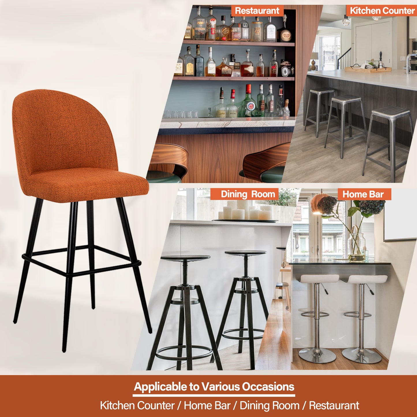 Orange Faux Linen Metal Bar Stool
