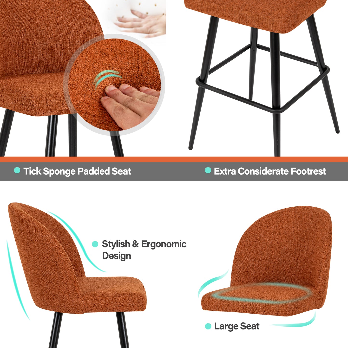 Orange Faux Linen Metal Bar Stool