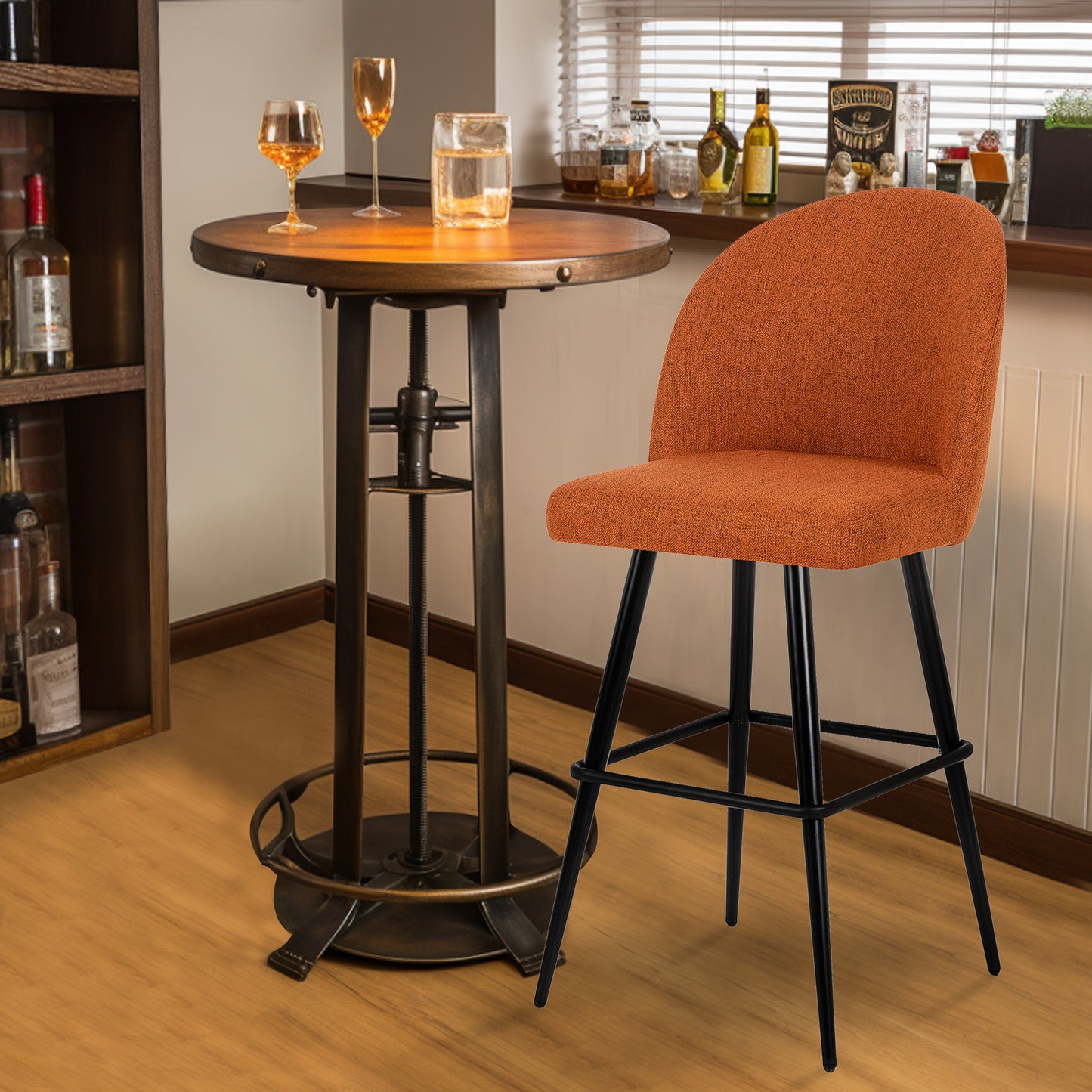 Orange Faux Linen Metal Bar Stool