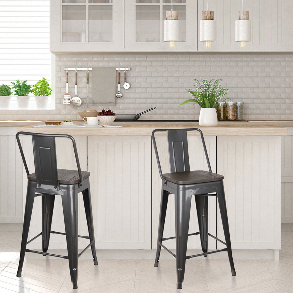 GIA 24 Inches High Back Gungray Stool with Dark Wood Seat