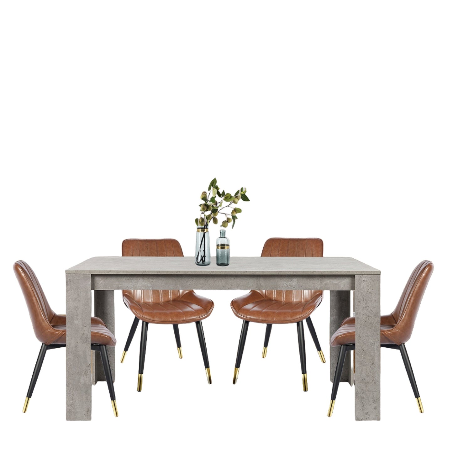 5 Pieces Dining Table Set for 4 - 59 Inch Cemented Table & 4 Pack Brown Leather Chairs