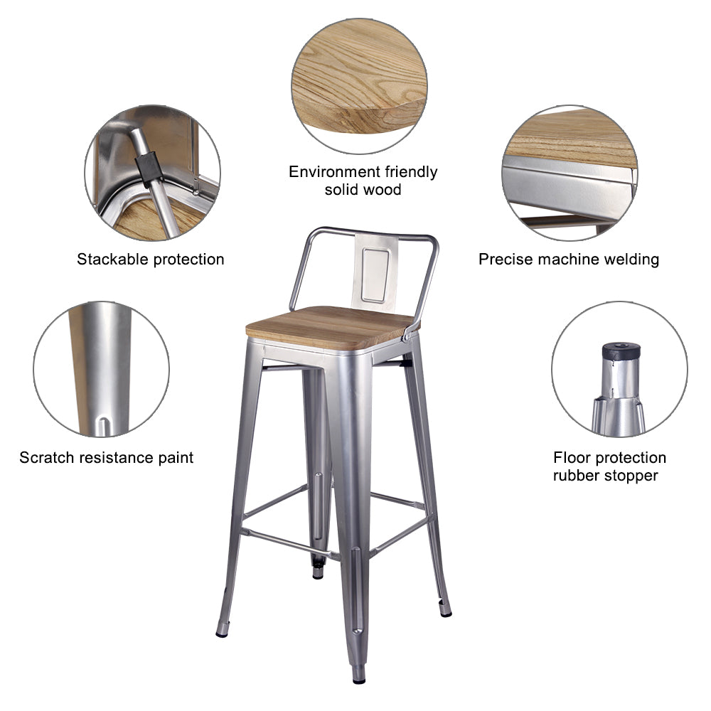GIA 30 Inch Lowback Silver Metal Stool With Wood Seat