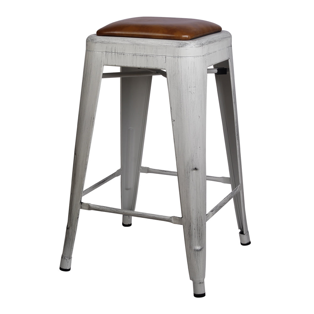 Antique White 24 Inch Metal Stool with Brown Leather Cushion