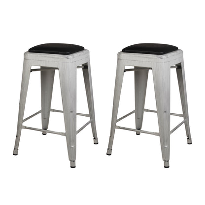 Antique White 24 Inch Metal Stool with Black Leather Cushion - Painted Antique Color