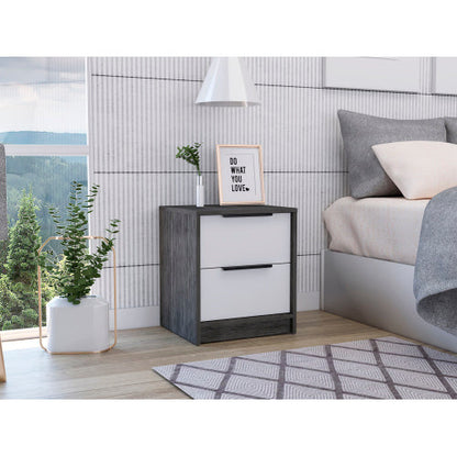 Kaia Nightstand , End Table, Side Table Two Drawers, Metal Handle -Smokey Oak / White