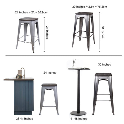 24 Inch Gray Metal Counter Stools with Wooden Seat