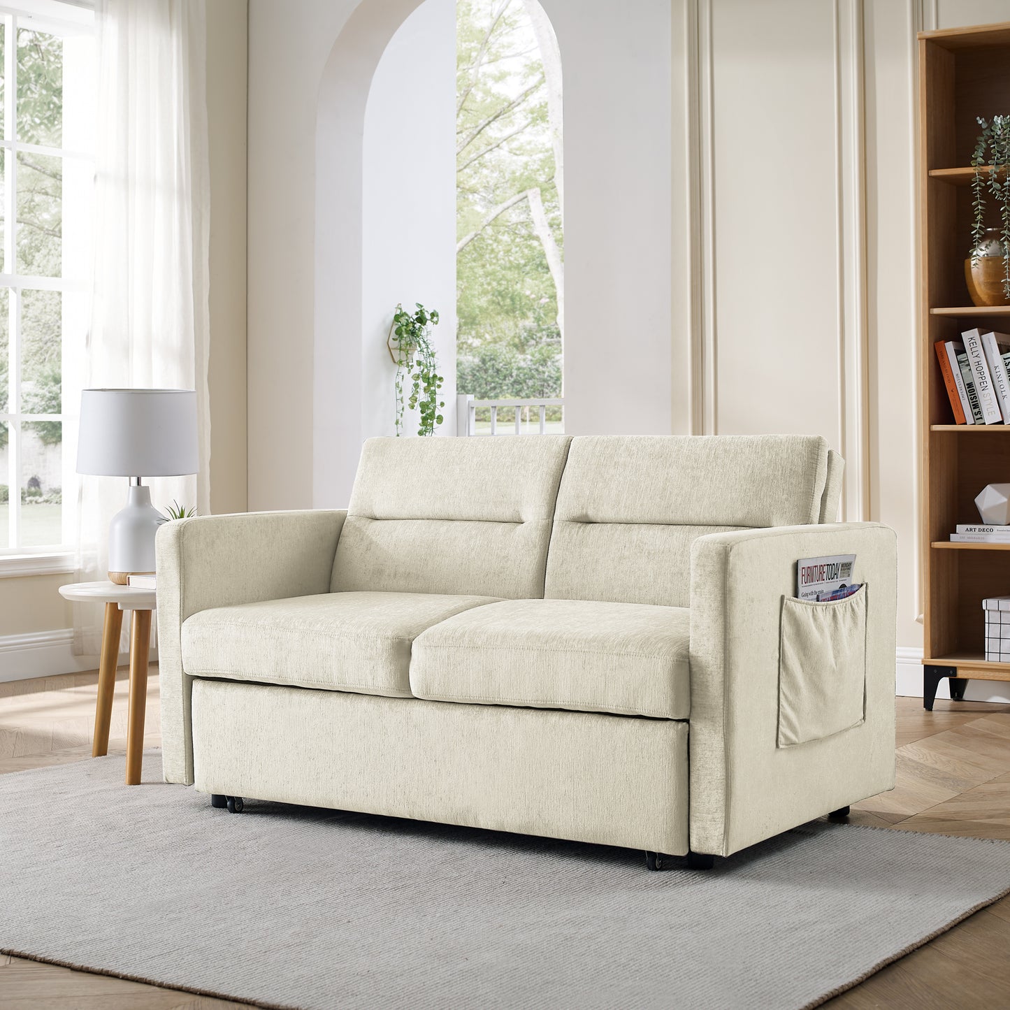 Loveseats Sofa Bed with Pull-out Bed,Adjsutable Back and Two Arm Pocket