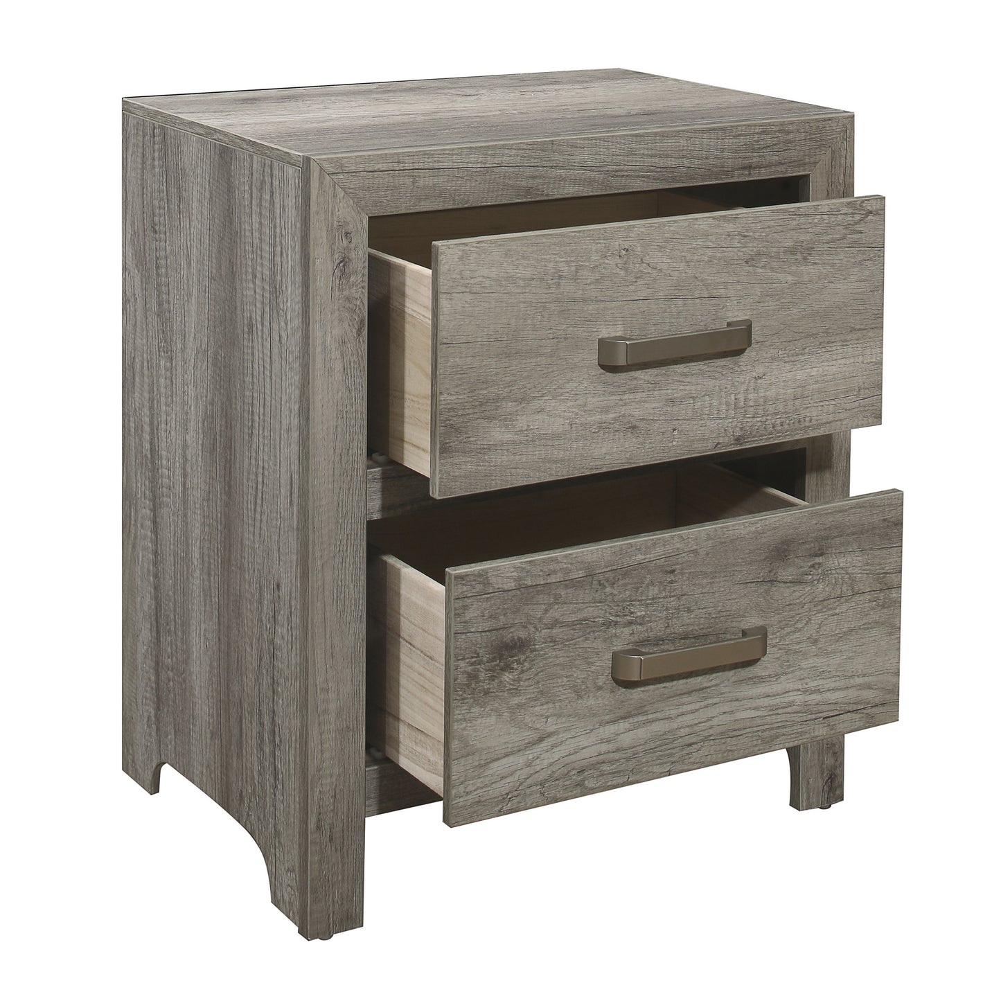 Transitional Aesthetic Bedroom Nightstand Faux Wood Veneer Weathered Gray Finish Nickel Hardware Bed Side Table