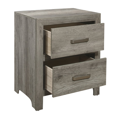 Transitional Aesthetic Bedroom Nightstand Faux Wood Veneer Weathered Gray Finish Nickel Hardware Bed Side Table