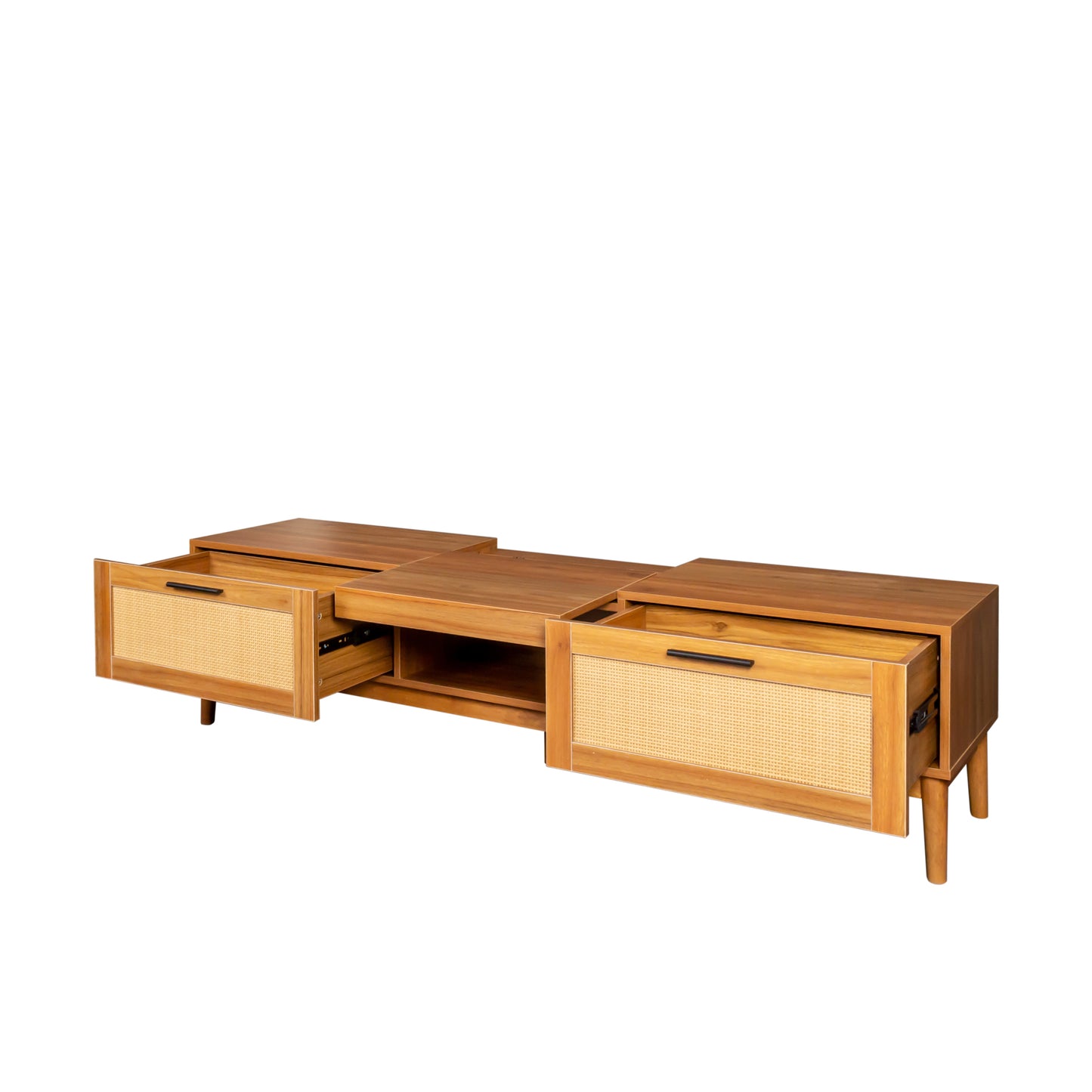wood Entertainment Center Modern TV Console Table, Rattan TV Stand with Storage