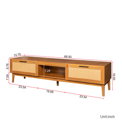 wood Entertainment Center Modern TV Console Table, Rattan TV Stand with Storage