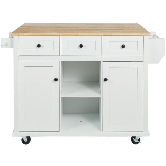 White Store Kitchen Cart with Storage Cabinet and 3 Drawers