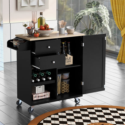 Store Kitchen Cart with Spice Rack ,Towel Rack & Two Drawers, Black