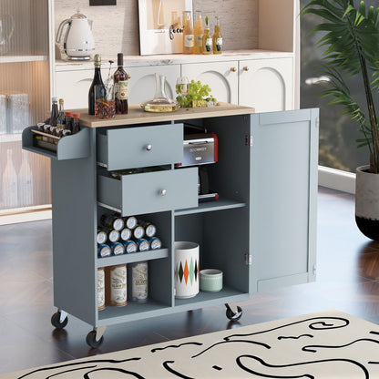 Store Kitchen Cart with Spice Rack ,Towel Rack & Two Drawers, Grey Blue
