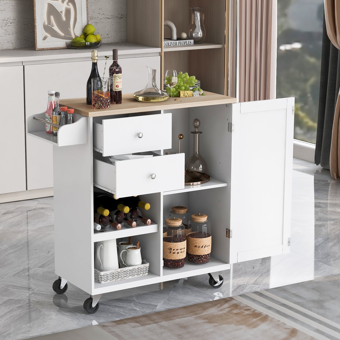 Store Kitchen Cart with Spice Rack ,Towel Rack & Two Drawers,white
