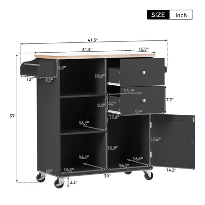 Store Kitchen Cart on 4 Wheels with 2 Drawers and 3 Open Shelves, Black