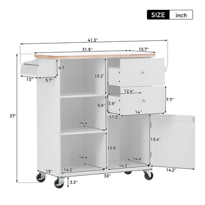 Store Kitchen Cart on 4 Wheels with 2 Drawers and 3 Open Shelves, White