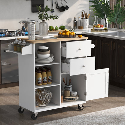 Store Kitchen Cart on 4 Wheels with 2 Drawers and 3 Open Shelves, White