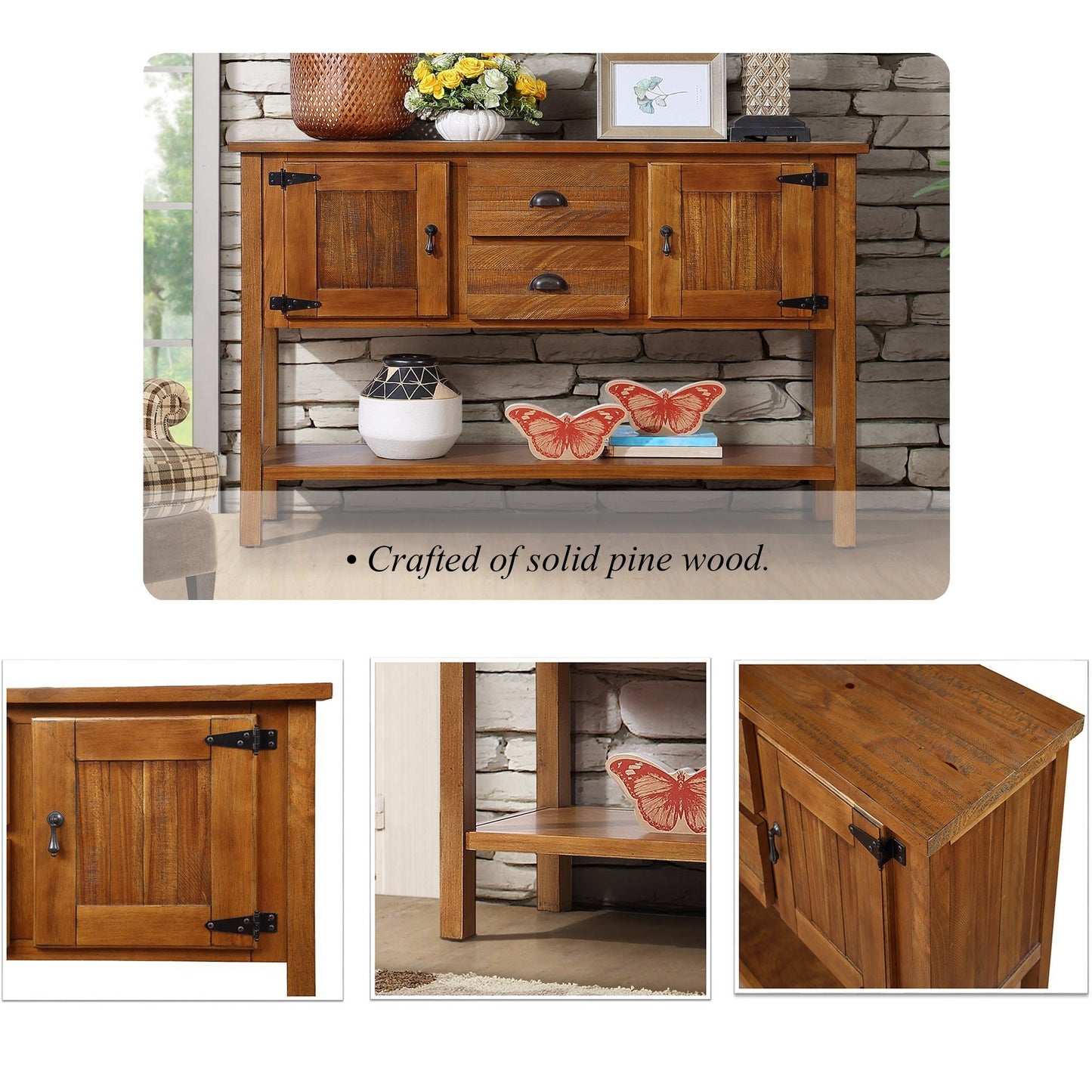 Solid Wood Sideboard Console Table with 2 Drawers and Cabinets