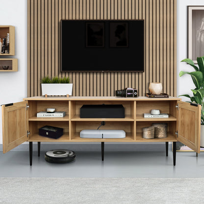 Wooden TV Stand with 2  Rattan Decorated Doors  and 2 Open Shelves