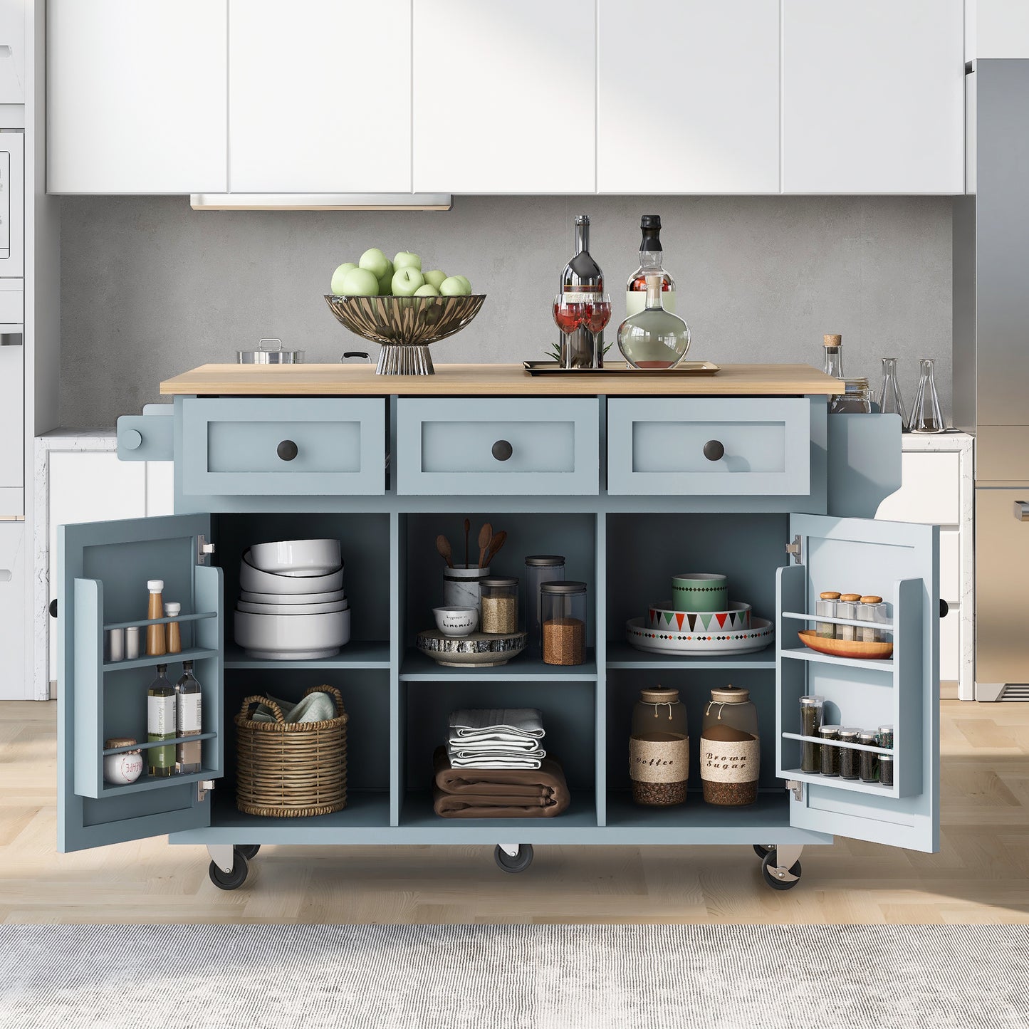 Grey Blue Store Kitchen Cart with Storage Cabinet and 3 Drawers