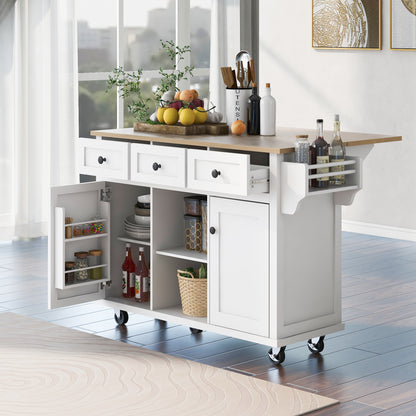 White Store Kitchen Cart with Storage Cabinet and 3 Drawers