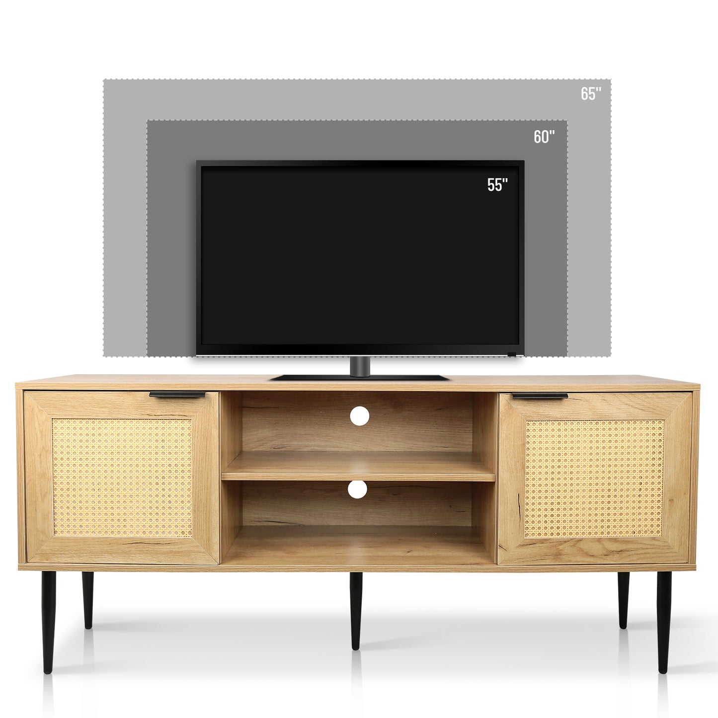 Wooden TV Stand with 2  Rattan Decorated Doors  and 2 Open Shelves