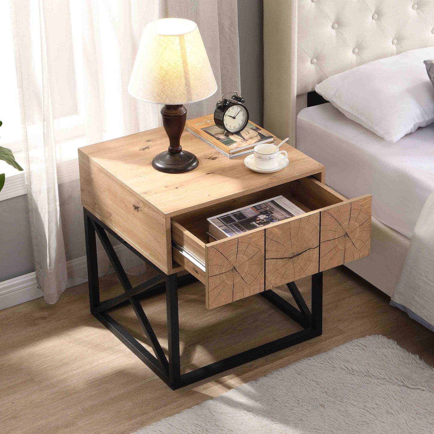 21.65'' Luxury Night Stand with Drawer, Metal and Wood End Table,Industrial Bedside Table for Living Room, Bedroom&Office