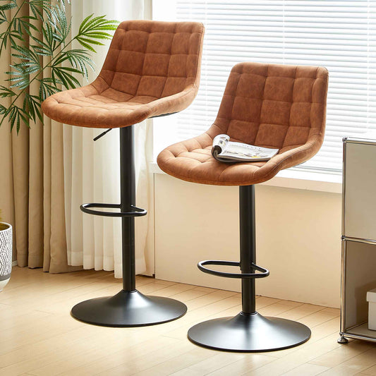 Brown Pu Leather Swivel Adjustable Height Bar Stool Chair For Kitchen(Set of 2)