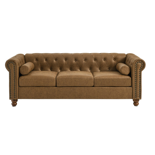 Classic Traditional Living Room Upholstered Sofa with high-tech Fabric Surface/ Chesterfield Tufted Fabric Sofa Couch, Large-Brown