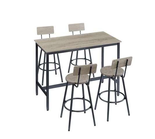 Pub High Dining Table 5 Piece Set, Industrial Style Pub Table, 4 PU Leather Bar Chairs for Kitchen Breakfast Table, Rustic Grey