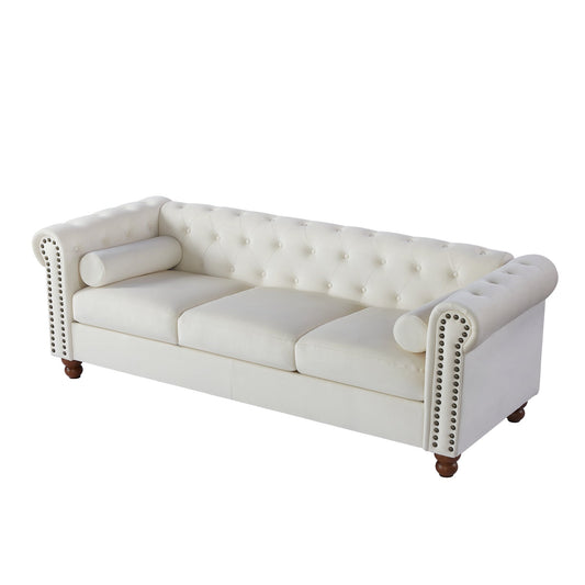 Classic Traditional Living Room Upholstered Sofa with velvet fabric Surface/ Chesterfield Tufted Fabric Sofa Couch, Large-White