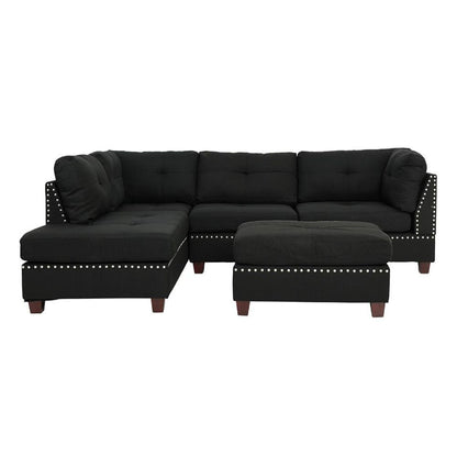 3-pcs Sectional Sofa Black Polyfiber Cushion Sofa Chaise Ottoman Reversible Couch Pillows