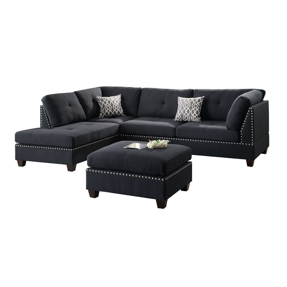 3-pcs Sectional Sofa Black Polyfiber Cushion Sofa Chaise Ottoman Reversible Couch Pillows