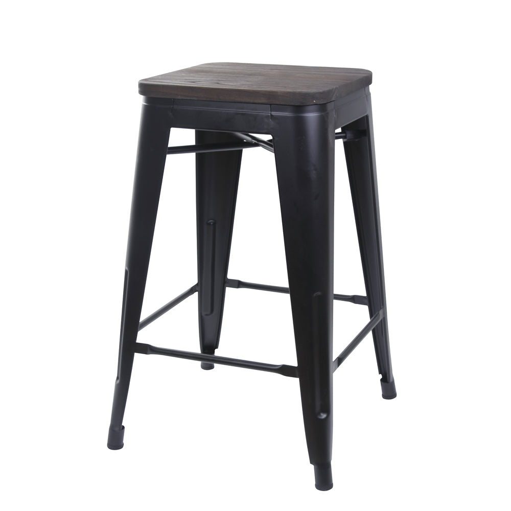 Black 24 Inch Backless Metal Stool with Dark Wooden Seat