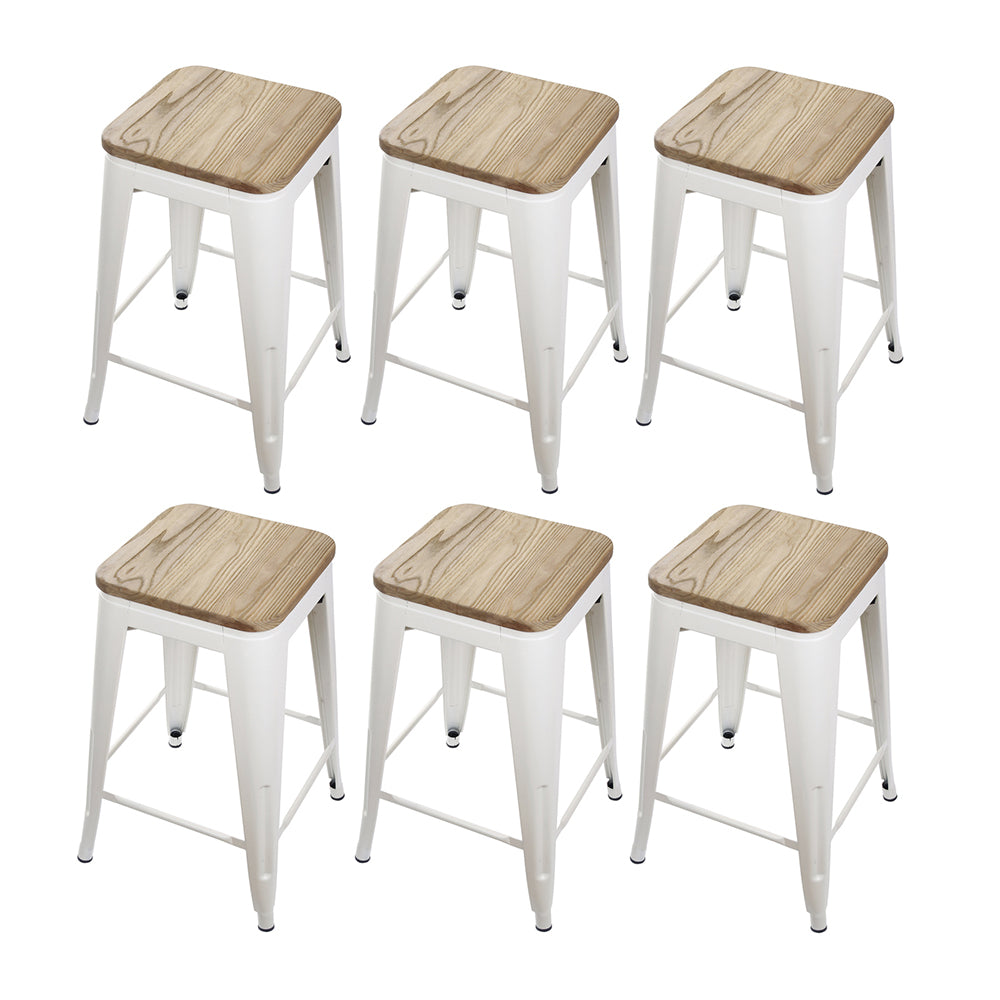 24 Inch Cream White Counter Height Metal Bar Stools with Light Wooden Seat