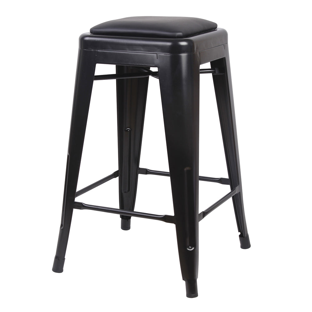 Black 24 Inch Backless Metal Stool with Black Leather Cushion