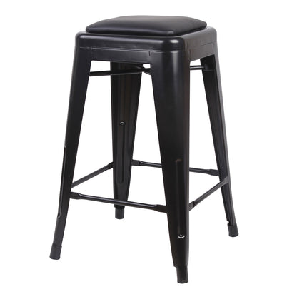 Black 24 Inch Backless Metal Stool with Black Leather Cushion