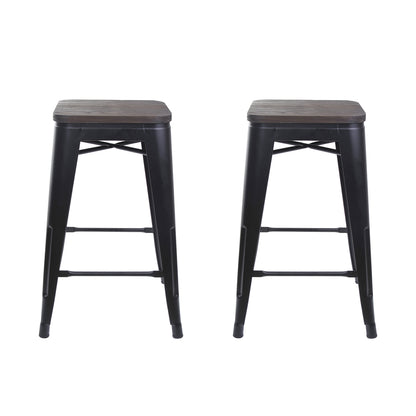 Black 24 Inch Backless Metal Stool with Dark Wooden Seat