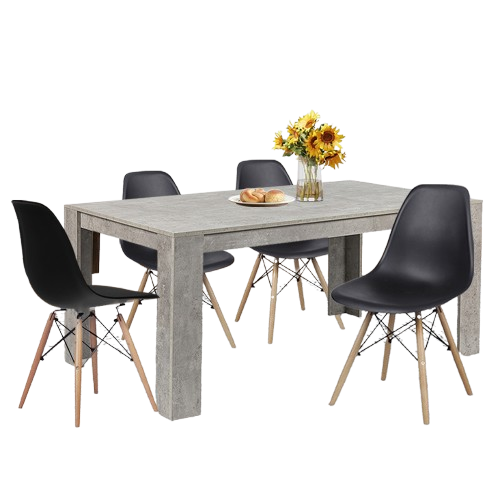 Modern Rectangular Cemented Table with 4 Black Plastic Armless Chairs Sets