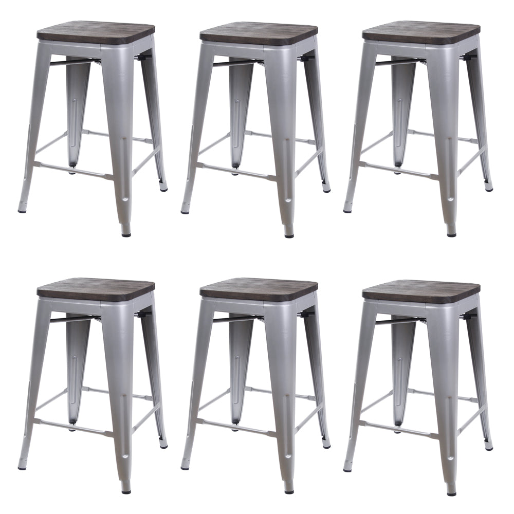 24 Inch Gray Metal Counter Stools with Wooden Seat
