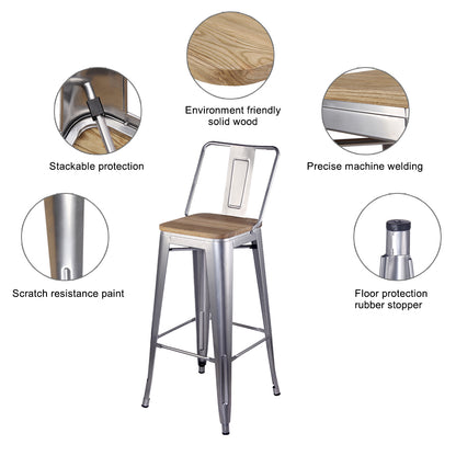 GIA 30 Inches High Back Silver Metal Stool with Light Wood Seat