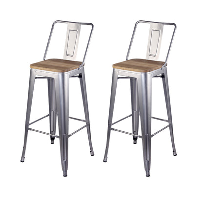 GIA 30 Inches High Back Silver Metal Stool with Light Wood Seat