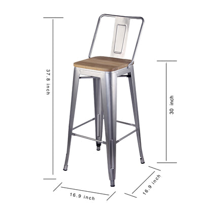 GIA 30 Inches High Back Silver Metal Stool with Light Wood Seat