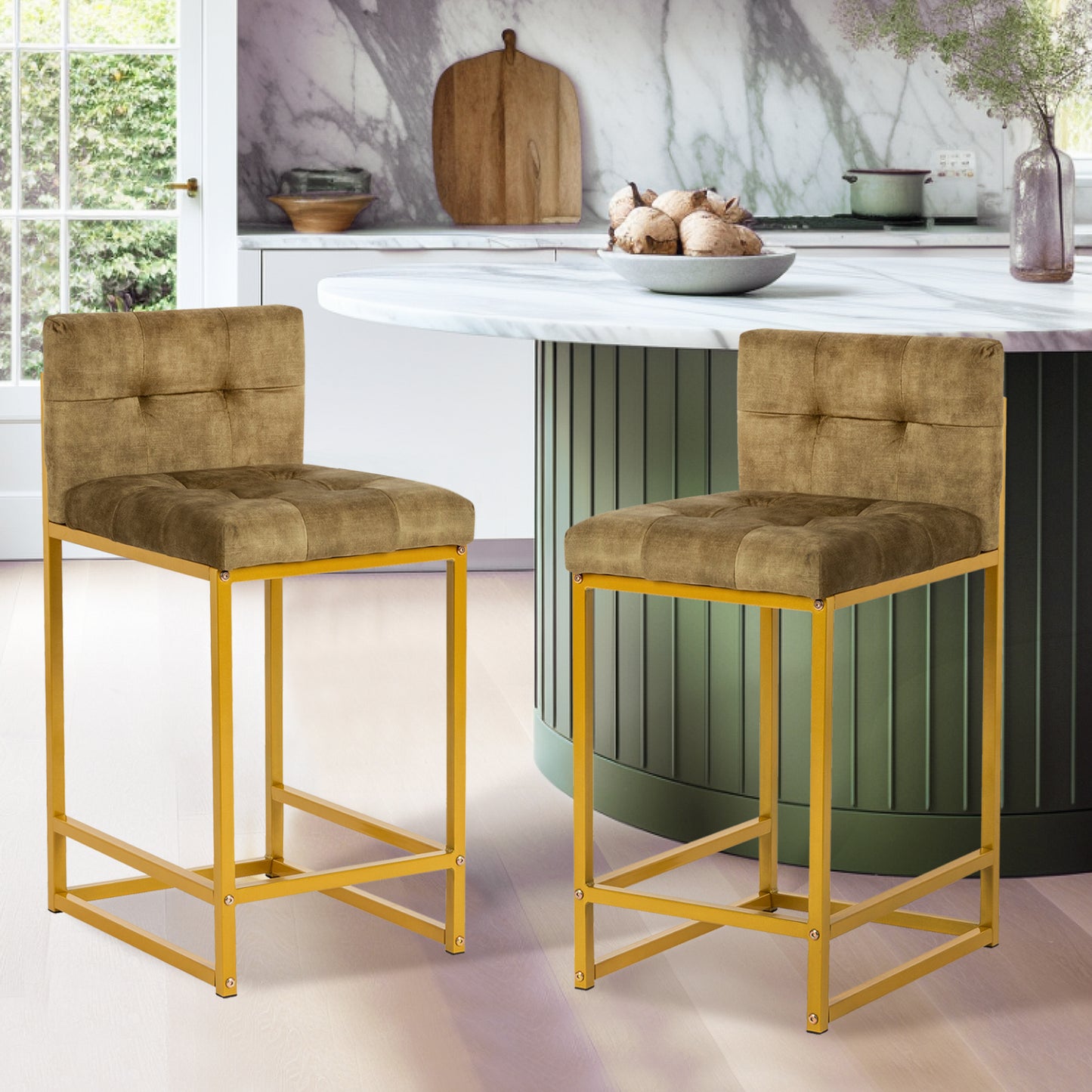 Stainless Steel Upholstered Fabric Counter Stool,Green