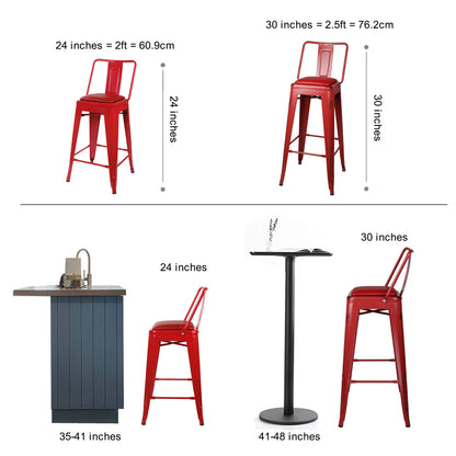 GIA 30 Inches High Back Salmon Red Metal Stool with Red PU Seat