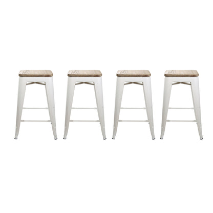 24 Inch Cream White Counter Height Metal Bar Stools with Light Wooden Seat