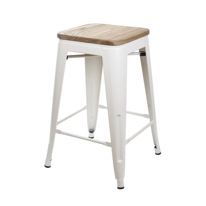 24 Inch Cream White Counter Height Metal Bar Stools with Light Wooden Seat