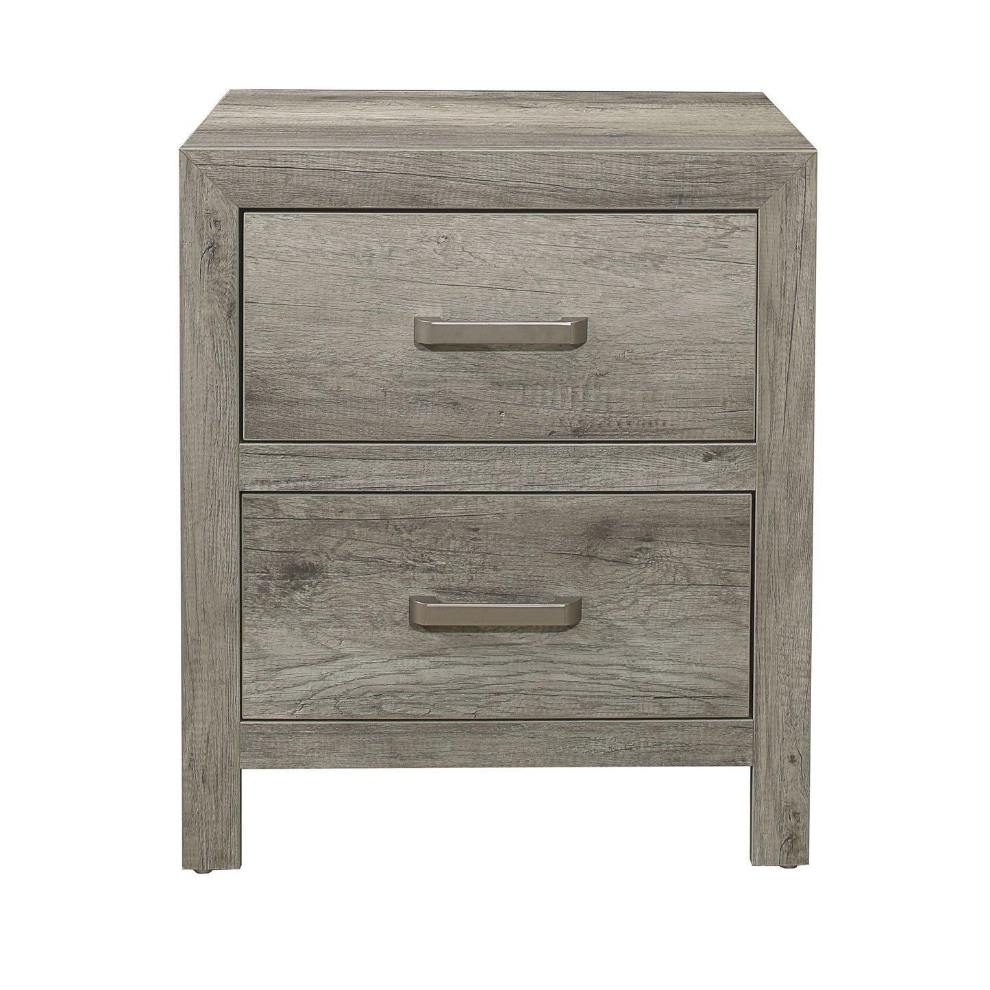 Transitional Aesthetic Bedroom Nightstand Faux Wood Veneer Weathered Gray Finish Nickel Hardware Bed Side Table